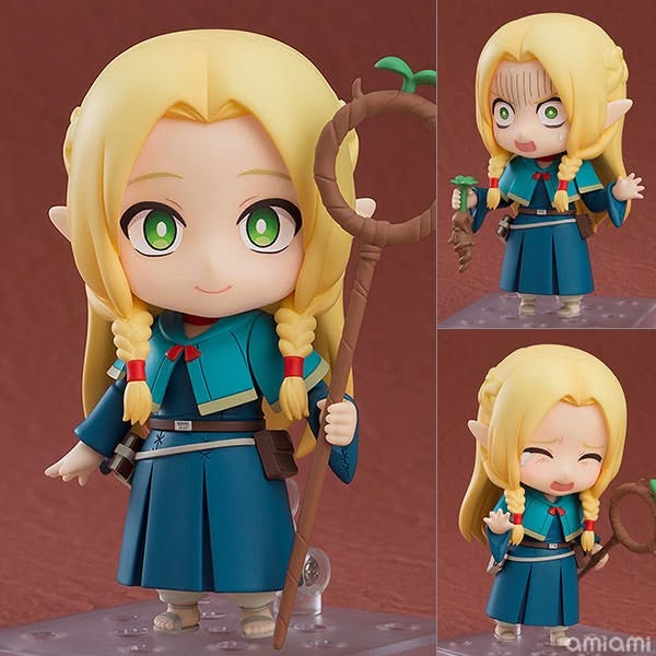 Marcille Nendoroid figure from Delicious in Dungeon – three angles showing face plates and staff accessory