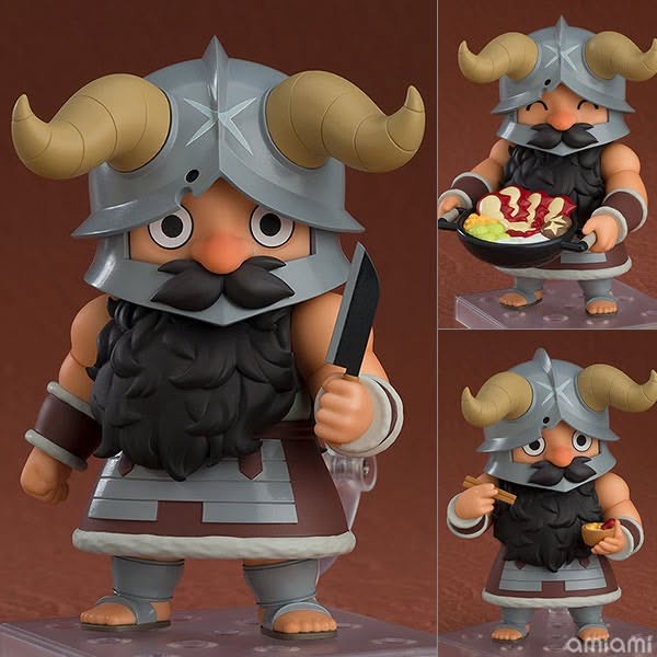 Senshi Nendoroid figure from Delicious in Dungeon – three angles showing face plates, cleaver, frying pan and bowl accessories