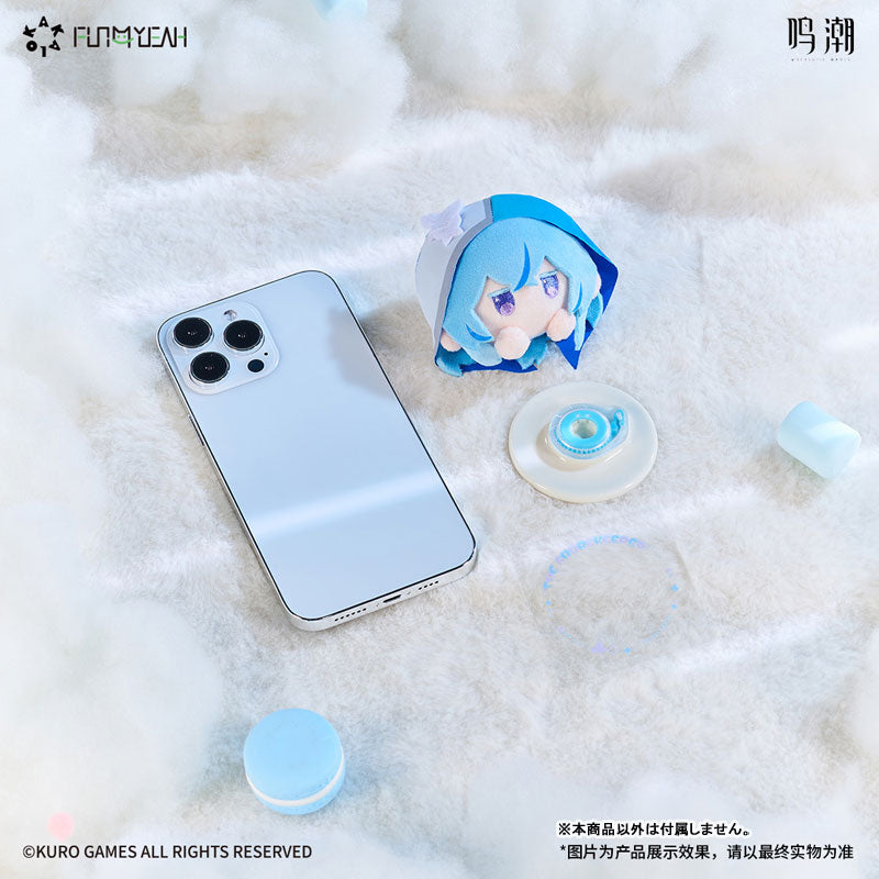 Wuthering Waves Shorekeeper chibi pop socket next to a smartphone